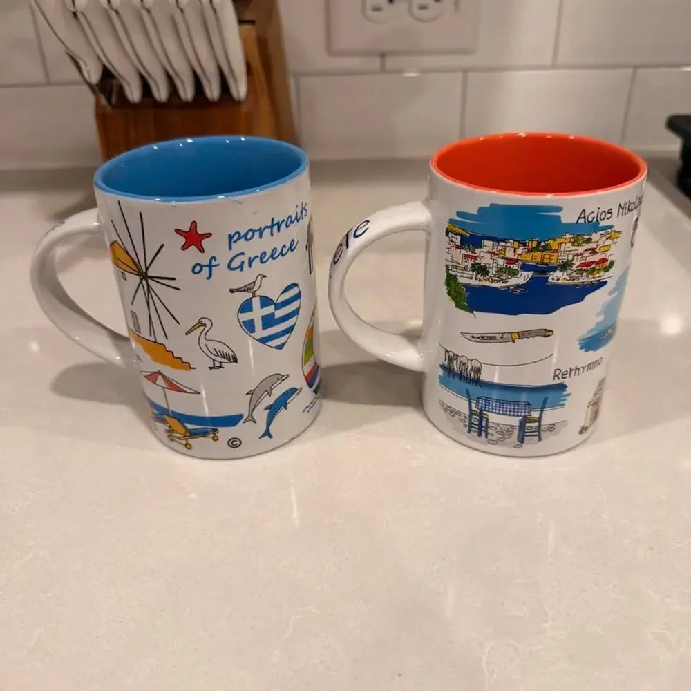 Set of 2 Aegean Art Greece Souvenir Mugs Portraits of Greece & Crete Cups